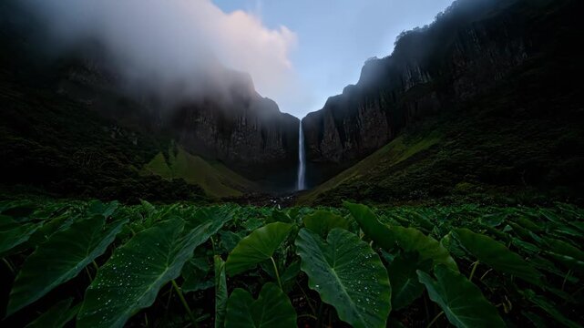 Dramatic landscape view of a tall waterfall cascading down misty dark cliffs with lush green taro leaves in the foreground
