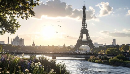 Obraz premium Eiffel Tower in Paris at sunrise with Seine River, scenic cityscape with flowers, birds and historic architecture, romantic travel destination and European landmark