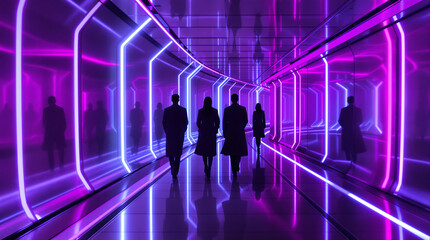 Fototapeta premium Four silhouetted figures walk through a futuristic corridor illuminated by vibrant purple and blue neon lights, creating a sleek, modern, and high-tech atmosphere