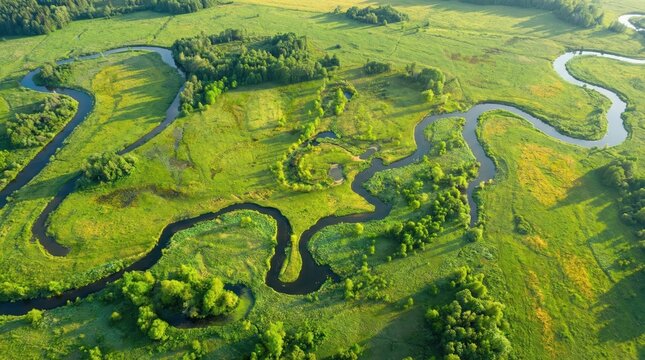 Aerial view of winding river through green countryside landscape,showing natural patterns environment sustainability ecology and scenic rural nature background