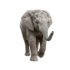 Obraz premium A young african elephant calf walking forward with its trunk raised isolated on white isolated on transparent background