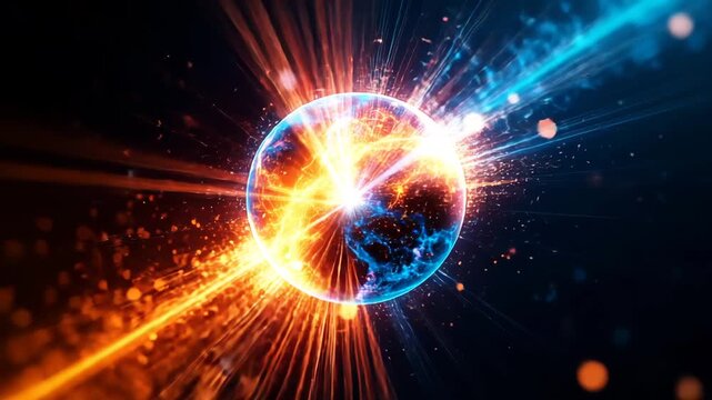 multicolored energy sphere exploding outward in cosmic space, with radiant light, glowing plasma, and swirling particles, symbolizing quantum energy, science, and futuristic technology