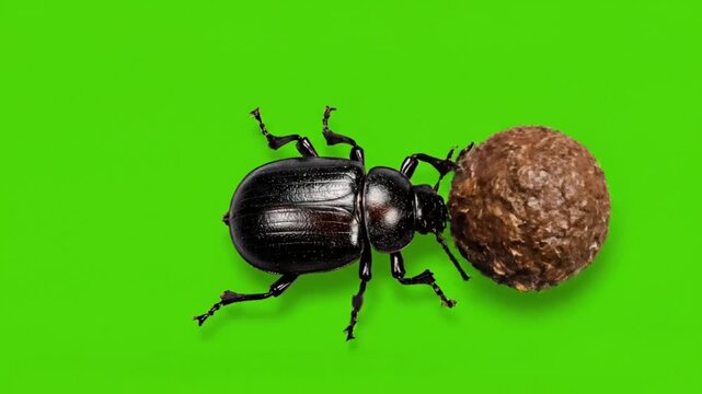 Black dung beetle pushing a brown dung ball across a bright green surface, top-down view