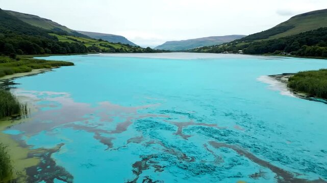 Turquoise blue algae bloom covering calm lake water with lush green mountains surrounding the landscape