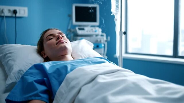 Woman lying unconscious in hospital bed with intravenous drip and medical equipment, healthcare concept