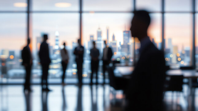 Silhouetted business people stand and converse in a modern office with large windows overlooking a city skyline at sunset, creating a professional atmosphere