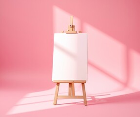 A white canvas is propped up on a wooden easel