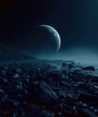 A large moon is in the sky above a rocky beach