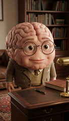 Anthropomorphic brain character with glasses at desk in library office