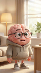 Cute anthropomorphic brain character standing in casual outfit in cozy room