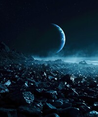 A large planet is surrounded by a rocky landscape