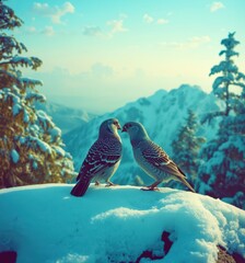 Two birds are standing on a snowy mountain top, looking at each other