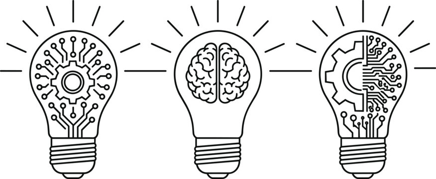 Stylized light bulb illustrations with gear, brain, and circuit patterns symbolizing innovation, artificial intelligence, technology, and human cognition