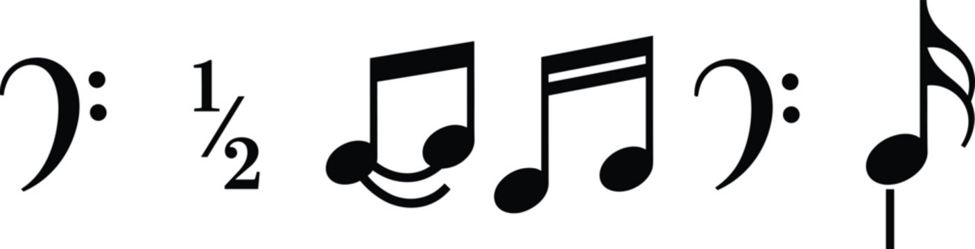 Stylized set of musical notation icons with bass clef, notes, and fraction symbol for creative design, education, and illustration use