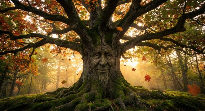 Ancient wise oak tree with human face carved in bark standing in a mystical autumn forest with falling maple leaves and golden sunbeams for fantasy world storytelling and nature mythology