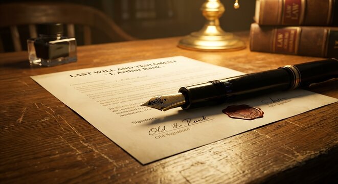 Last will and testament legal document with vintage fountain pen and wax seal on rustic wooden desk in attorney office representing inheritance law legacy estate planning and final wishes