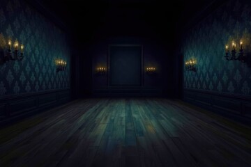 A dark room with a large window and a black wall