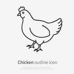 Obraz premium Minimal line art icon of a chicken vector illustration in clean outline style. Black and white full-body farm hen standing in side view, isolated on white background.