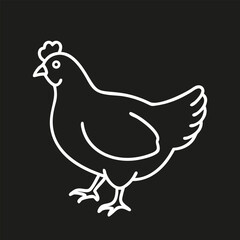 Fototapeta premium Minimal line art icon of a chicken vector illustration in clean outline style. Full-body farm hen standing in side view, white artwork isolated on black background.