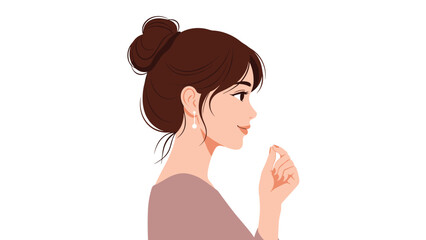 Obraz premium Profile portrait of a young woman with a neat bun hairstyle and elegant earrings looks forward with a gentle and calm expression.