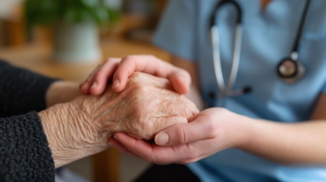 Close-up of light-skinned healthcare professional's hand gently holding the hand of an elderly person, conveying care and support in a warm indoor setting with soft lighting