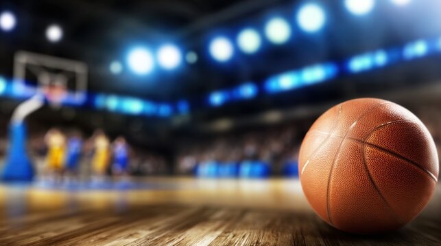 Close-up of a basketball resting on polished wooden court, with blurred players in yellow jerseys and a basketball hoop in the background, highlighting the ball's texture and seams