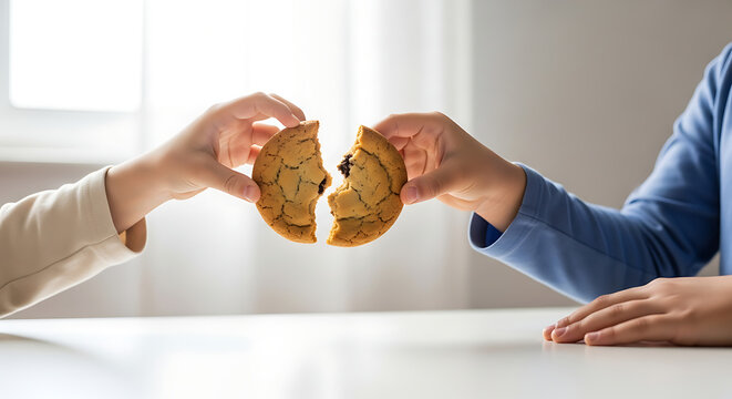 Kids hands dividing fresh cookie for equitable sharing concept.