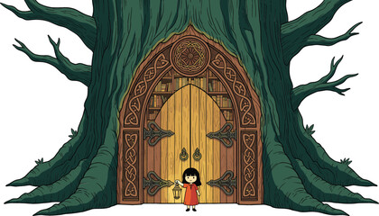 Enchanted forest tree library vector illustration featuring a little girl holding a lantern standing before a magical carved wooden door with books inside.