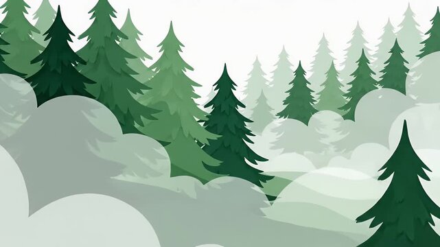 Stylized green pine forest with mist and fog illustration
