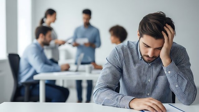 Man experiencing stress while working at a desk in a modern office environment with colleagues in the background