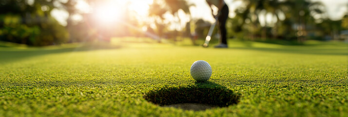 Ground-Level View of a Golf Ball Rolling Into the Hole with a Blurred Golfer Behind. Precise Focus and Shallow Depth Create a Powerful Concept of Success, Accuracy and Winning in Sport. Generative Ai.