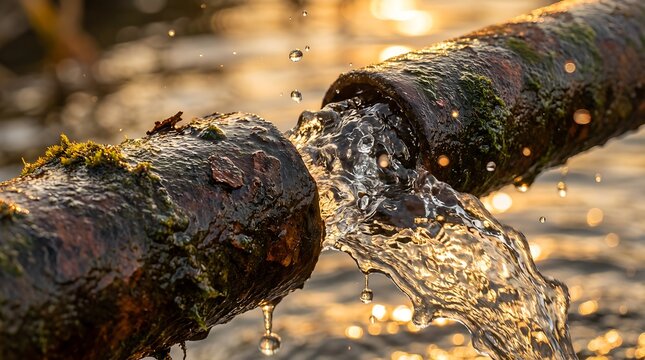 Close up of fresh water leaking and spraying from a broken rusty metal pipe covered in moss; intentional focus on water droplets with golden hour sunlight bokeh for plumbing repair concept