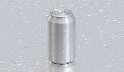Aluminum silver soda can covered in condensation, resting on a surface with scattered water drops