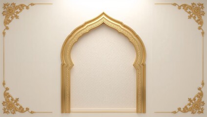 An ornate golden islamic archway design against a plain cream colored wall featuring floral details