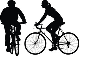 Obraz premium Two cyclists riding bicycles in silhouette against a white background