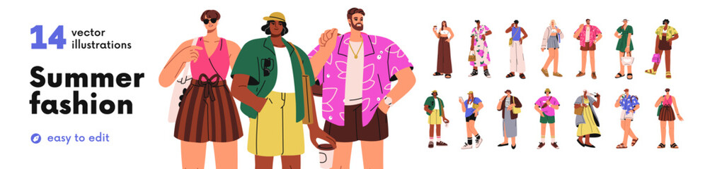 Obraz na płótnie Canvas Young people stand in fashion outfits, casual summer clothes set. Stylish men, women wearing trendy apparel, modern dresses, shorts. Flat graphic vector illustrations set isolated on white background