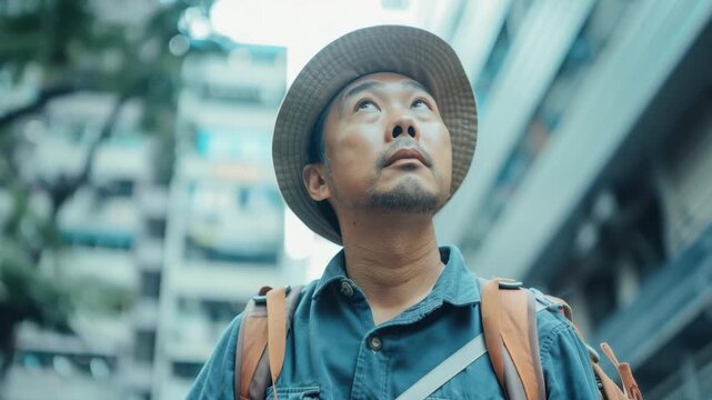 A man wearing a fedora stares off into the distance.