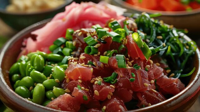 A vibrant sushi dish with chunks of tuna, avocado slices, and edamame beans, garnished with sesame seeds.