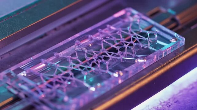 Macro of DNA data encoder inserting strand chip into reader, futuristic bio-computing technology and synthetic DNA data storage solutions