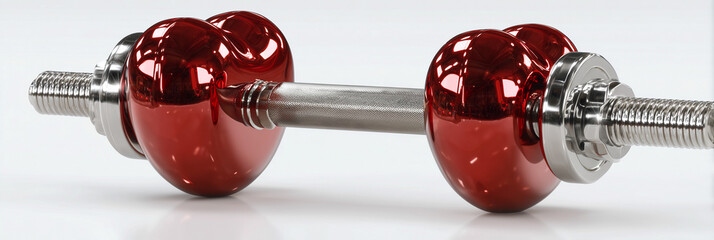 Close-up of a Hyper-Realistic 3D Dumbbell with Red Heart-Shaped Weight Plates on a Pure White Background, Symbolizing Strength Training Benefits for Cardiovascular Health. Generative Ai.