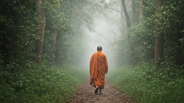 Buddhist monk walking slowly on misty forest path with flowing robes in tranquil spiritual environment