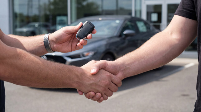 Car Key Handover and Handshake After Vehicle Purchase Agreement at Dealership, Successful Auto Sales Deal Concept