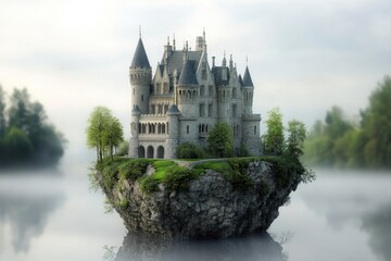 Obraz premium Majestic castle set on a rocky island surrounded by misty waters in a serene landscape