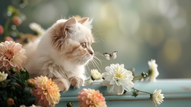 Persian cat with a whimsical expression, enjoying a playful romp through a colorful flower garden with blooming plants.