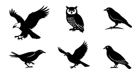 Obraz premium Collection of six different bird silhouettes in black and white.