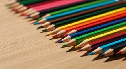 Obraz premium Colorful pencils arranged in a row on a light beige wooden surface