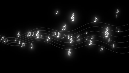 neon lights white music notes and cords flying, song and bar concert social media background © AIDIN