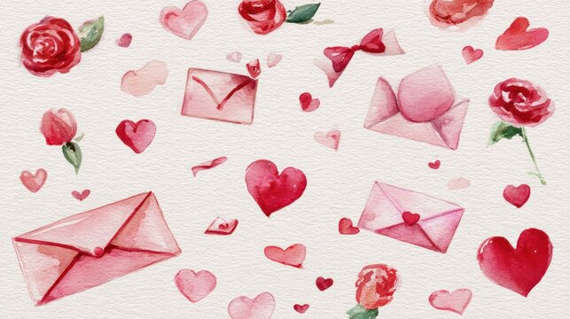 Watercolor heart and envelope illustrations on a white background.