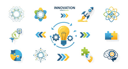 Innovation icons set with lightbulb and gears in modern design, showcasing technology and creativity in a digital illustration © Donjuan Studio