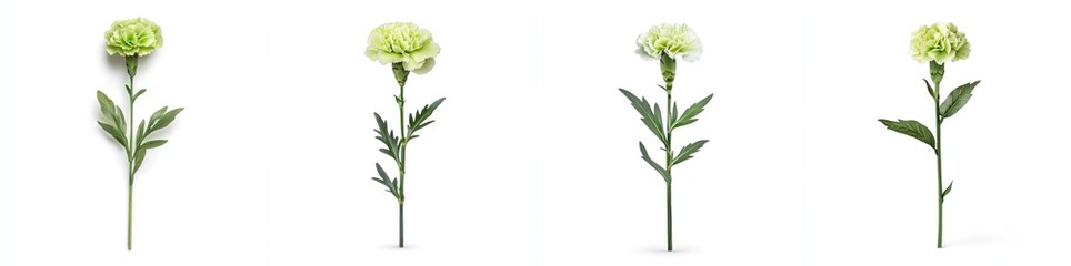 Green carnation with leaves, isolate on white background. Collection.